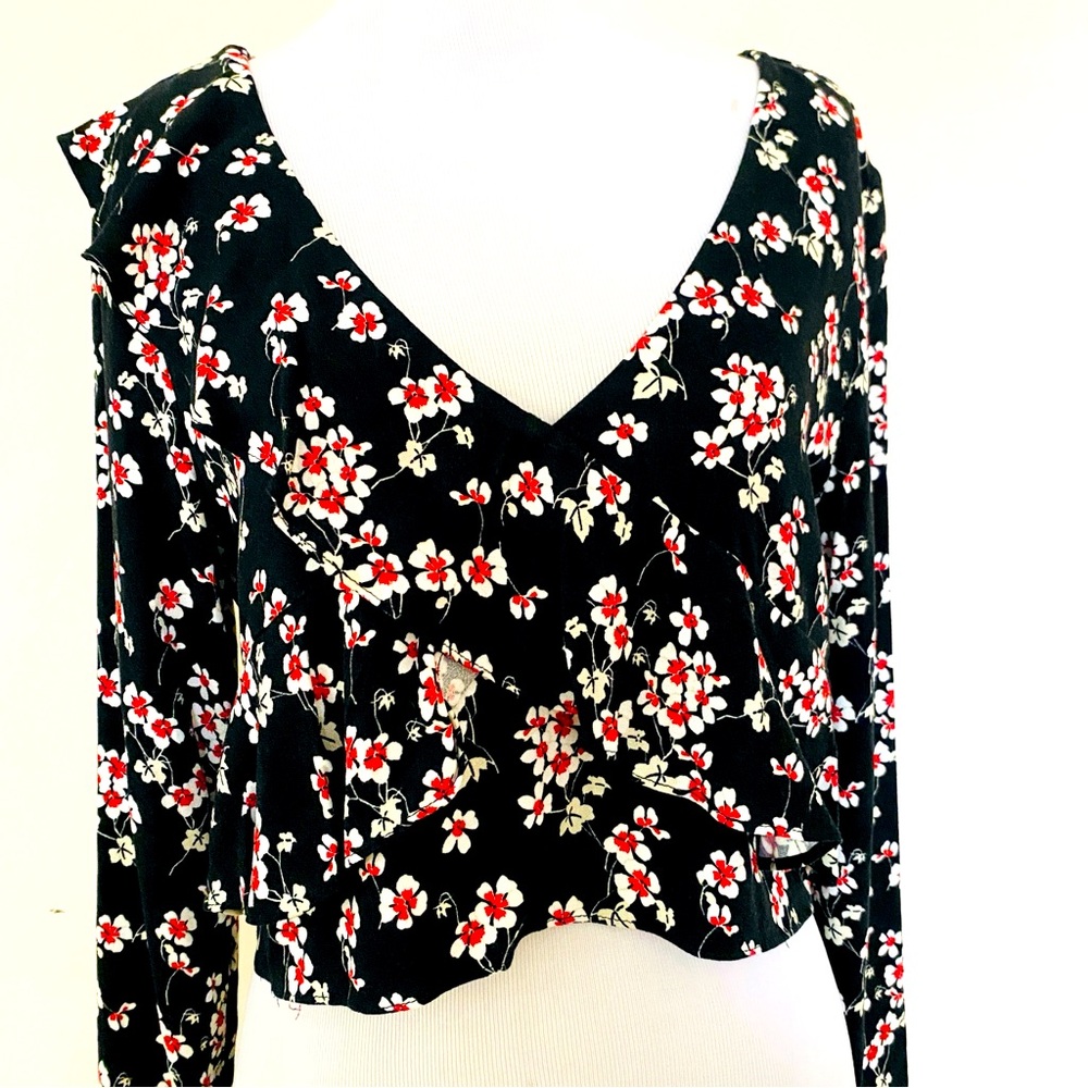 Zara Floral Blouse Medium  Black Red White Ruffle Crop Top Boho Cottagecore NWT